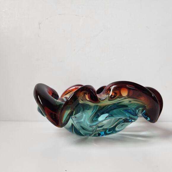 Vintage Murano Style Ashtray MCM Blown Glass Bowl Blue Red Dish Retro - Picture 4 of 8